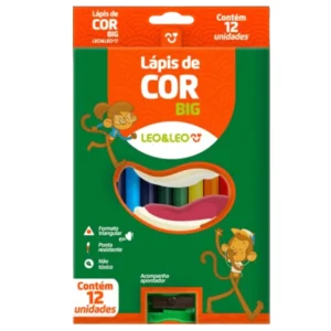 Lápis de cor jumbo triangular 12 cores + apontador Big Leo & Leo